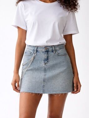 Women's Light Blue Denim Mini Skirt with Chain Detail